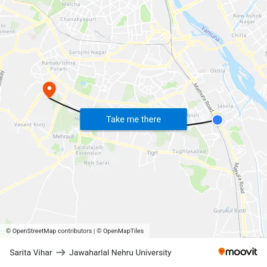 Sarita Vihar to Jawaharlal Nehru University map