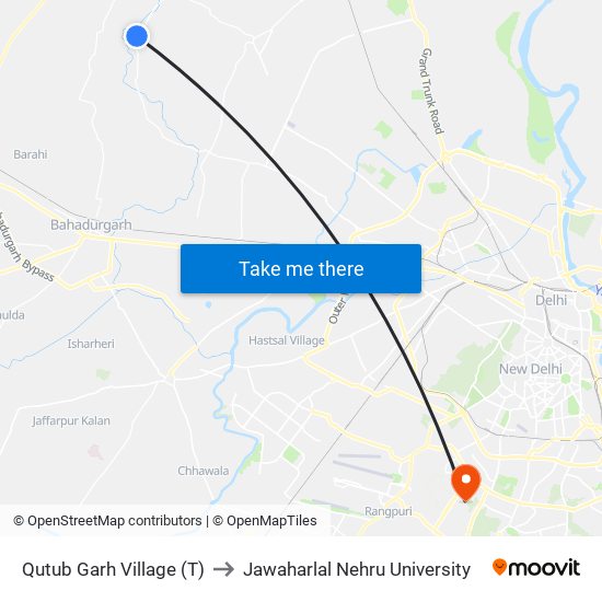 Qutub Garh Village (T) to Jawaharlal Nehru University map