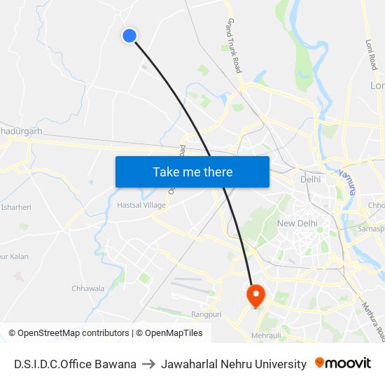 D.S.I.D.C.Office Bawana to Jawaharlal Nehru University map