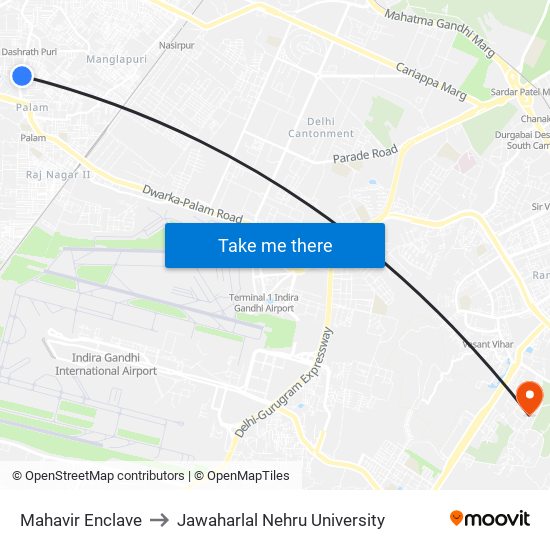 Mahavir Enclave to Jawaharlal Nehru University map