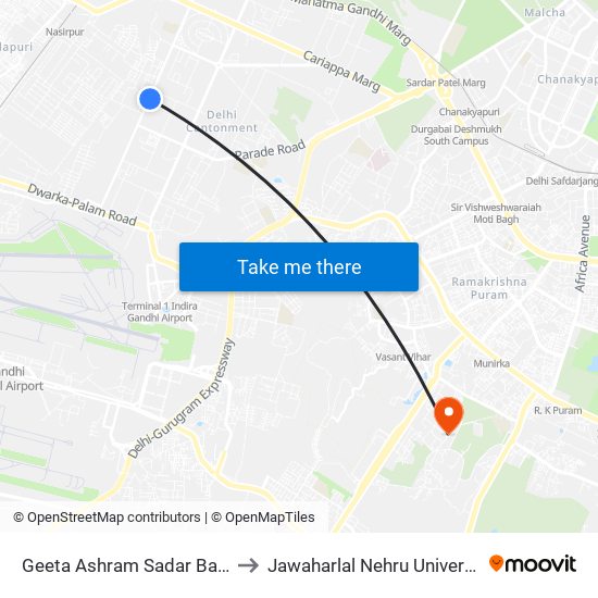 Geeta Ashram Sadar Bazar to Jawaharlal Nehru University map