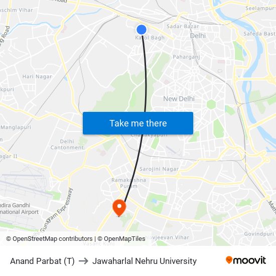 Anand Parbat (T) to Jawaharlal Nehru University map