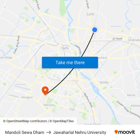 Mandoli Sewa Dham to Jawaharlal Nehru University map