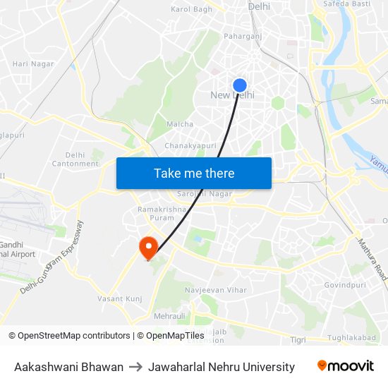 Aakashwani Bhawan to Jawaharlal Nehru University map