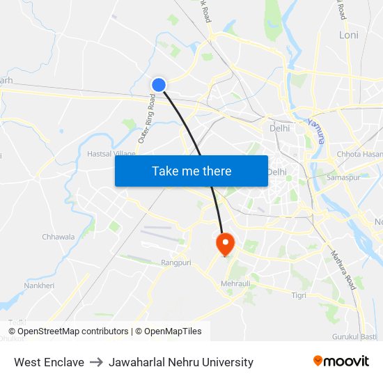 West Enclave to Jawaharlal Nehru University map