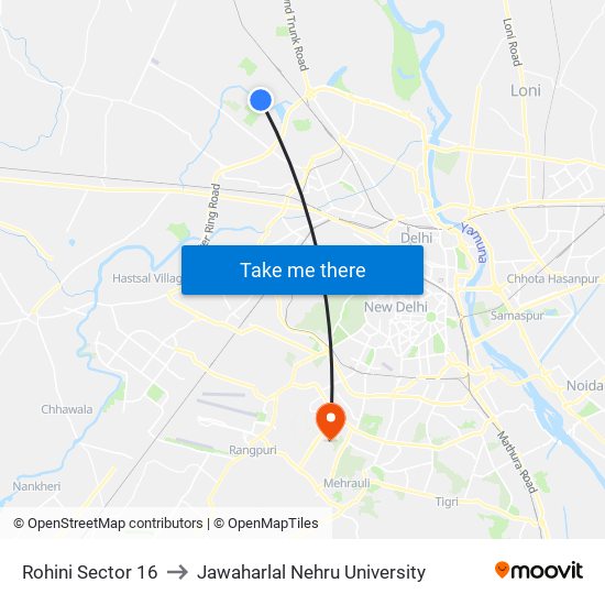 Rohini Sector 16 to Jawaharlal Nehru University map