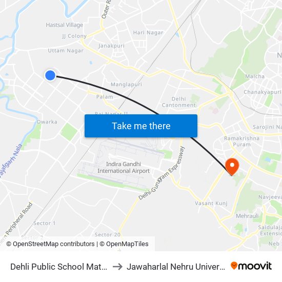 Dehli Public School Matiala to Jawaharlal Nehru University map