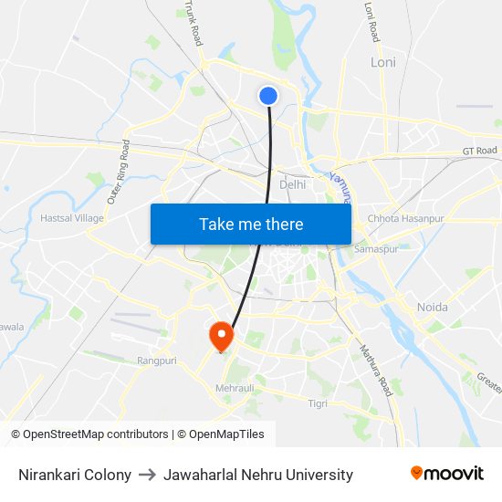 Nirankari Colony to Jawaharlal Nehru University map