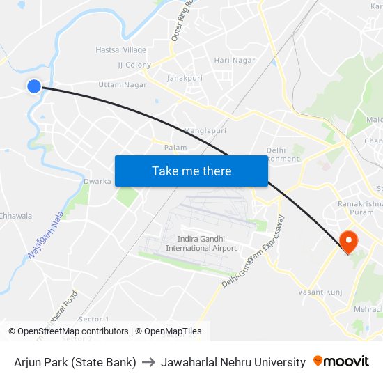 Arjun Park (State Bank) to Jawaharlal Nehru University map