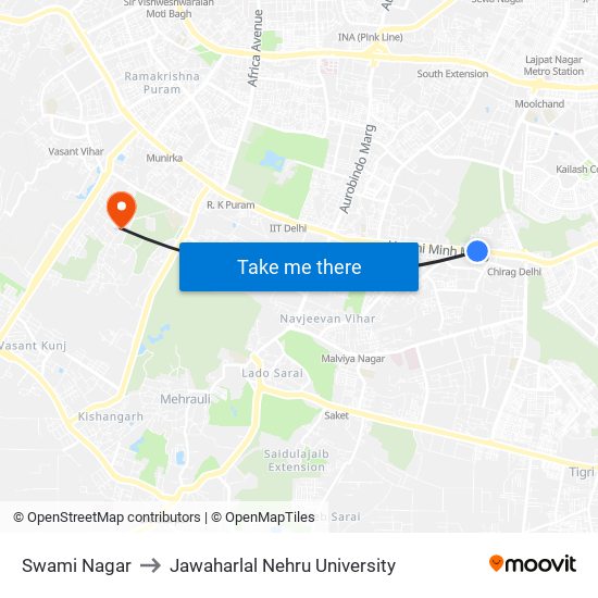 Swami Nagar to Jawaharlal Nehru University map