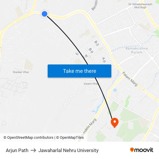 Arjun Path to Jawaharlal Nehru University map