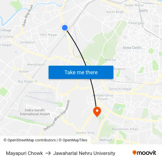 Mayapuri Chowk to Jawaharlal Nehru University map