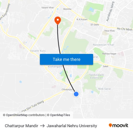 Chattarpur Mandir to Jawaharlal Nehru University map