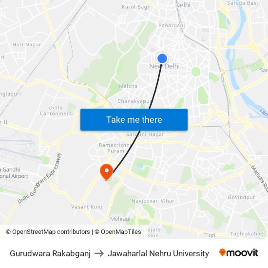 Gurudwara Rakabganj to Jawaharlal Nehru University map