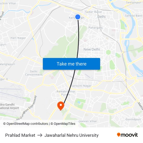 Prahlad Market to Jawaharlal Nehru University map