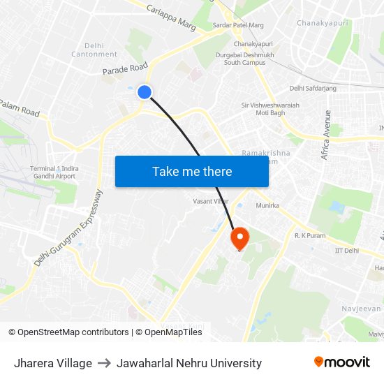 Jharera Village to Jawaharlal Nehru University map