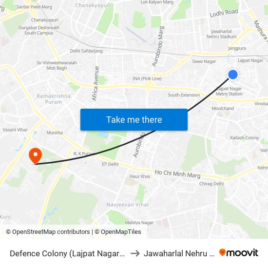 Defence Colony (Lajpat Nagar Metro Station) to Jawaharlal Nehru University map