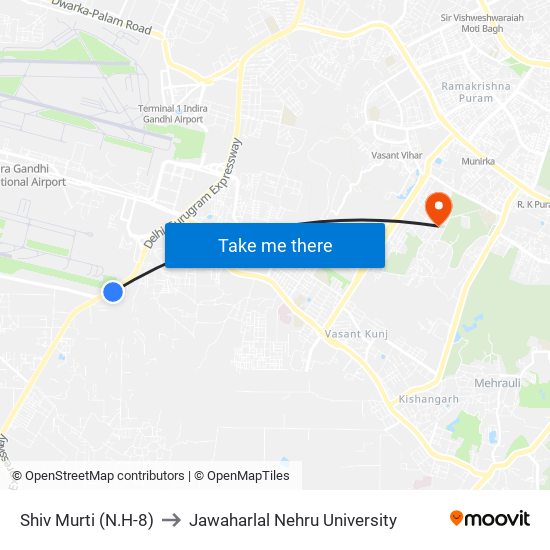 Shiv Murti (N.H-8) to Jawaharlal Nehru University map