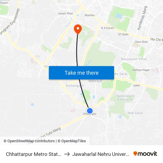 Chhattarpur Metro Station to Jawaharlal Nehru University map