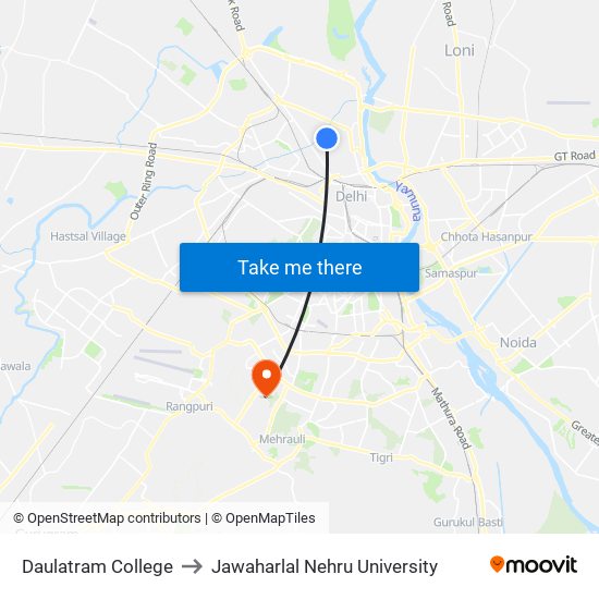 Daulatram College to Jawaharlal Nehru University map