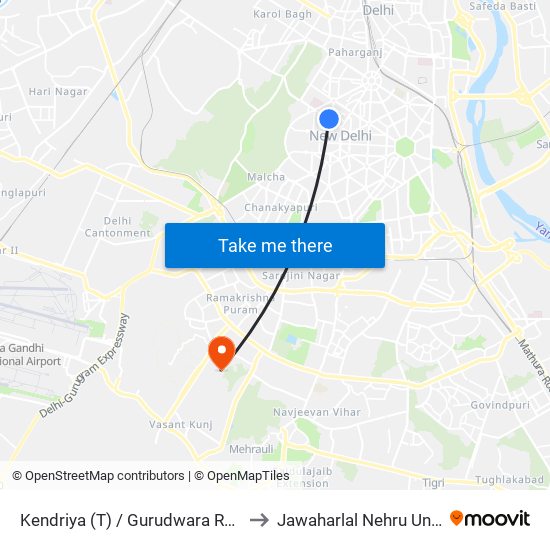Kendriya (T) / Gurudwara Rakab Gunj to Jawaharlal Nehru University map
