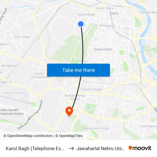 Karol Bagh (Telephone Exchange) to Jawaharlal Nehru University map