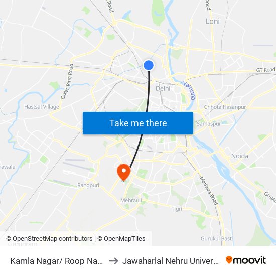 Kamla Nagar/ Roop Nagar to Jawaharlal Nehru University map