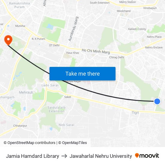 Jamia Hamdard Library to Jawaharlal Nehru University map