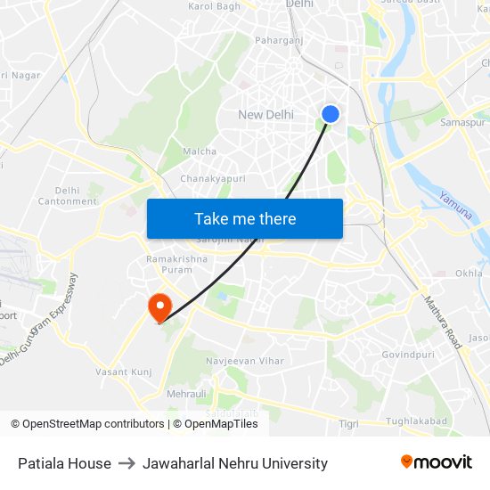 Patiala House to Jawaharlal Nehru University map