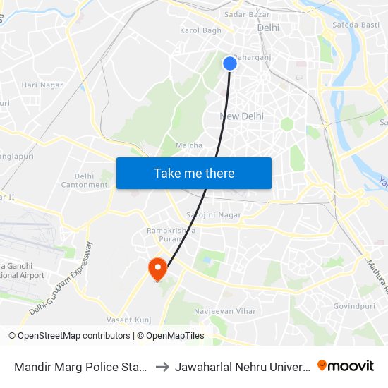 Mandir Marg Police Station to Jawaharlal Nehru University map