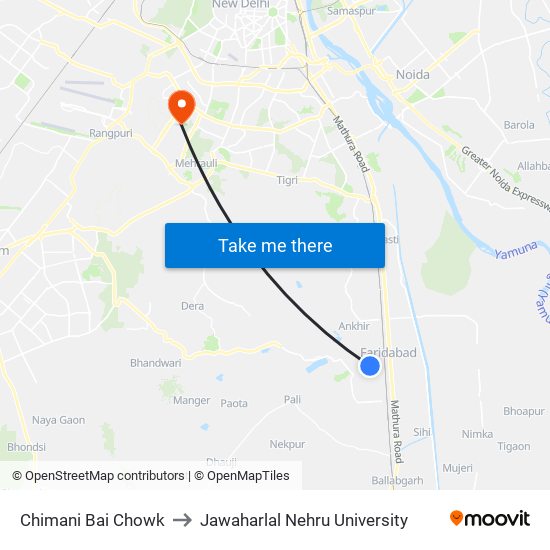 Chimani Bai Chowk to Jawaharlal Nehru University map