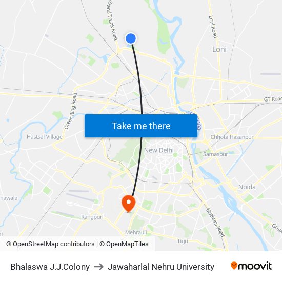 Bhalaswa J.J.Colony to Jawaharlal Nehru University map