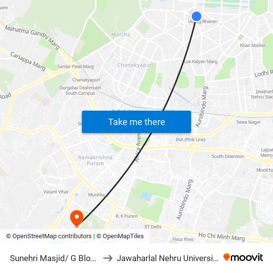 Sunehri Masjid/ G Block to Jawaharlal Nehru University map