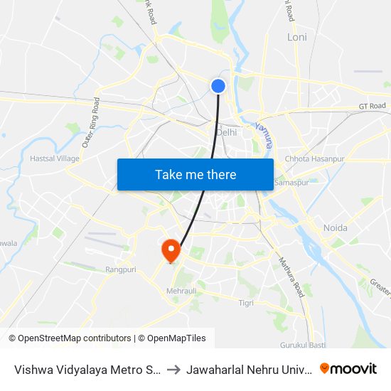 Vishwa Vidyalaya Metro Station to Jawaharlal Nehru University map