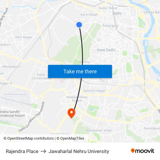 Rajendra Place to Jawaharlal Nehru University map