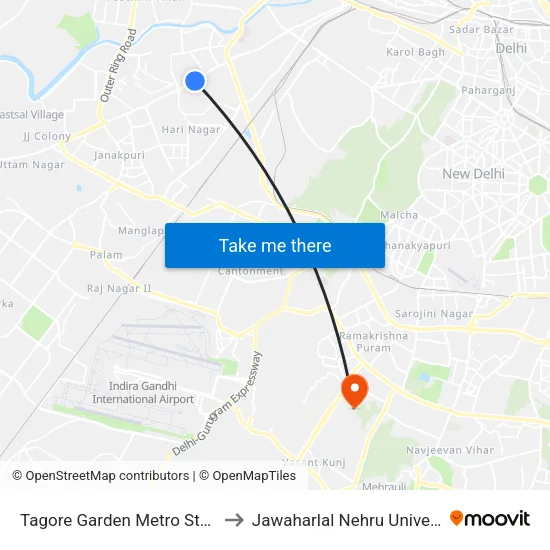 Tagore Garden Metro Station to Jawaharlal Nehru University map