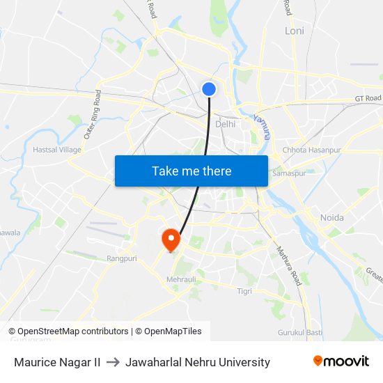 Maurice Nagar II to Jawaharlal Nehru University map