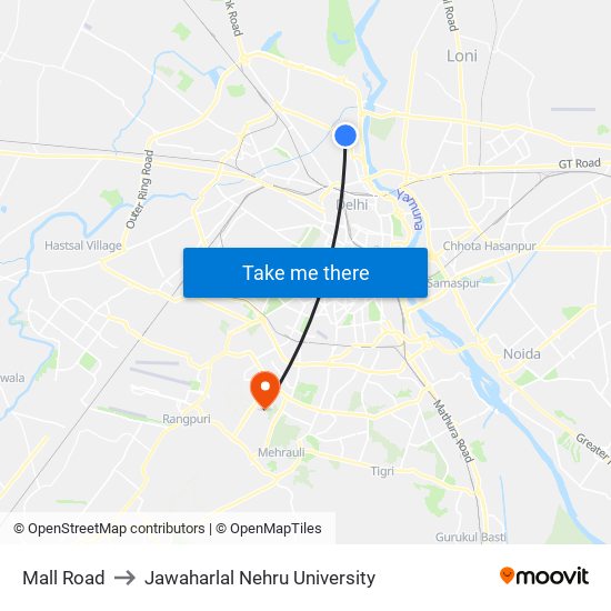 Mall Road to Jawaharlal Nehru University map