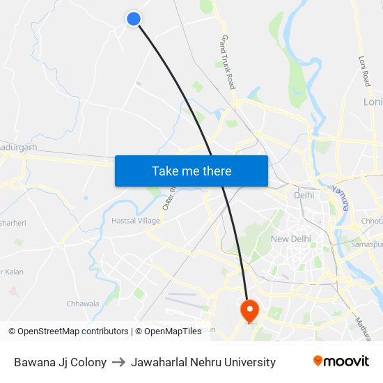 Bawana Jj Colony to Jawaharlal Nehru University map