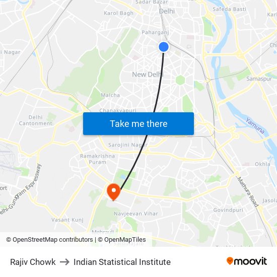 Rajiv Chowk to Indian Statistical Institute map