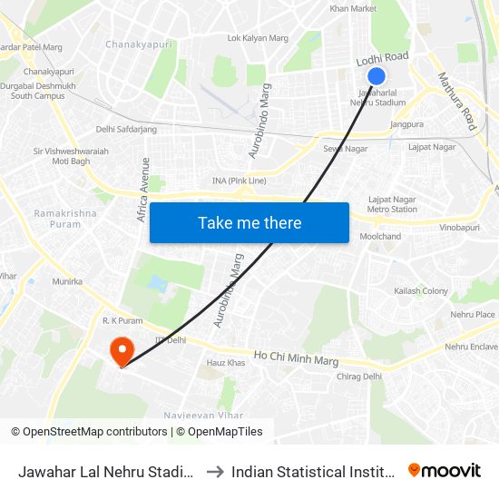 Jawahar Lal Nehru Stadium to Indian Statistical Institute map