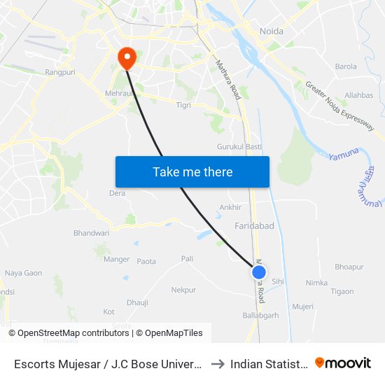 Escorts Mujesar / J.C Bose University Of S&T / Y.M.C.A Chowk to Indian Statistical Institute map