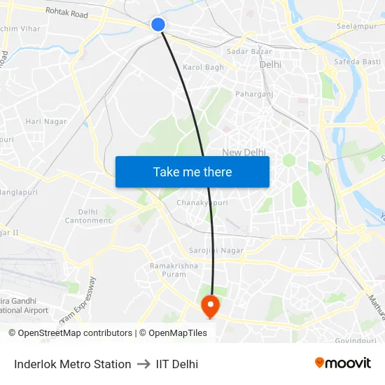 Inderlok Metro Station to IIT Delhi map