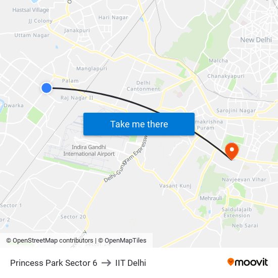 Princess Park Sector 6 to IIT Delhi map