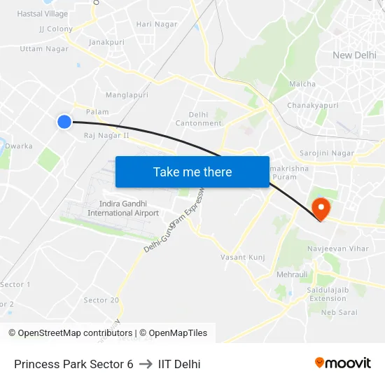 Officer Enclave Prinsess Park to IIT Delhi map
