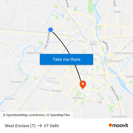 West Enclave (T) to IIT Delhi map