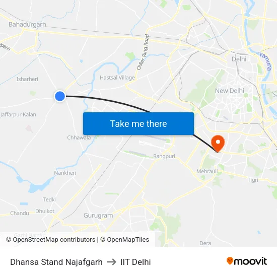 Dhansa Bus Stand Metro Station to IIT Delhi map