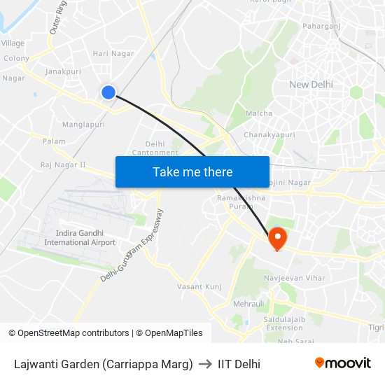 Lajwanti Garden (Carriappa Marg) to IIT Delhi map