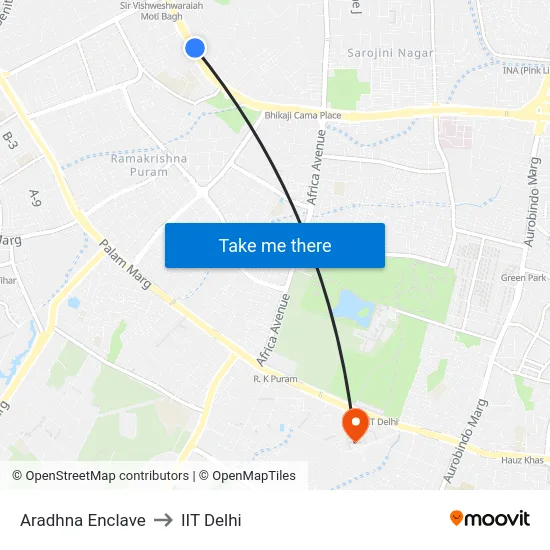 Aradhna Enclave to IIT Delhi map