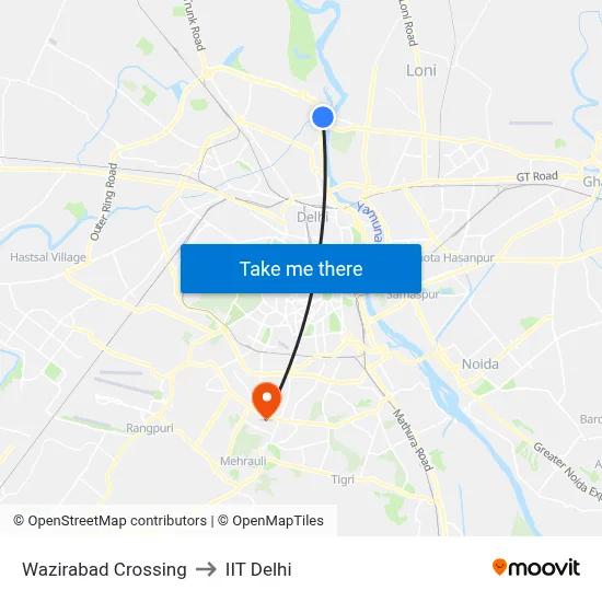 Wazirabad Crossing to IIT Delhi map